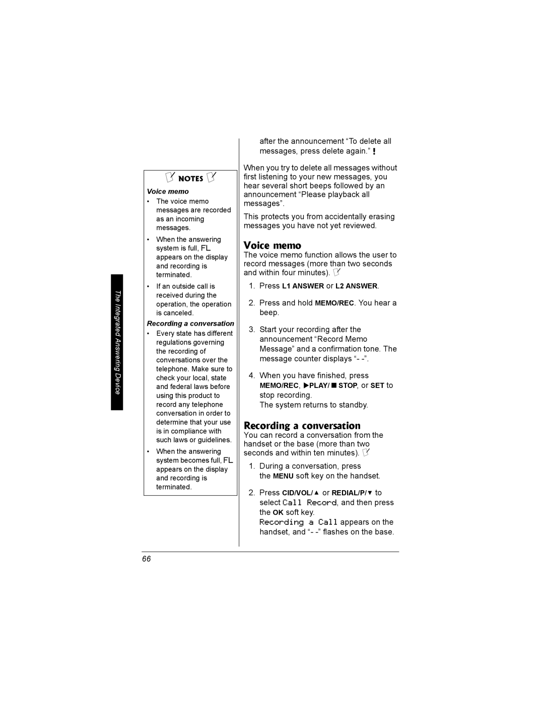 Radio Shack 43-3704 owner manual Voice memo, Recording a conversation, System returns to standby 