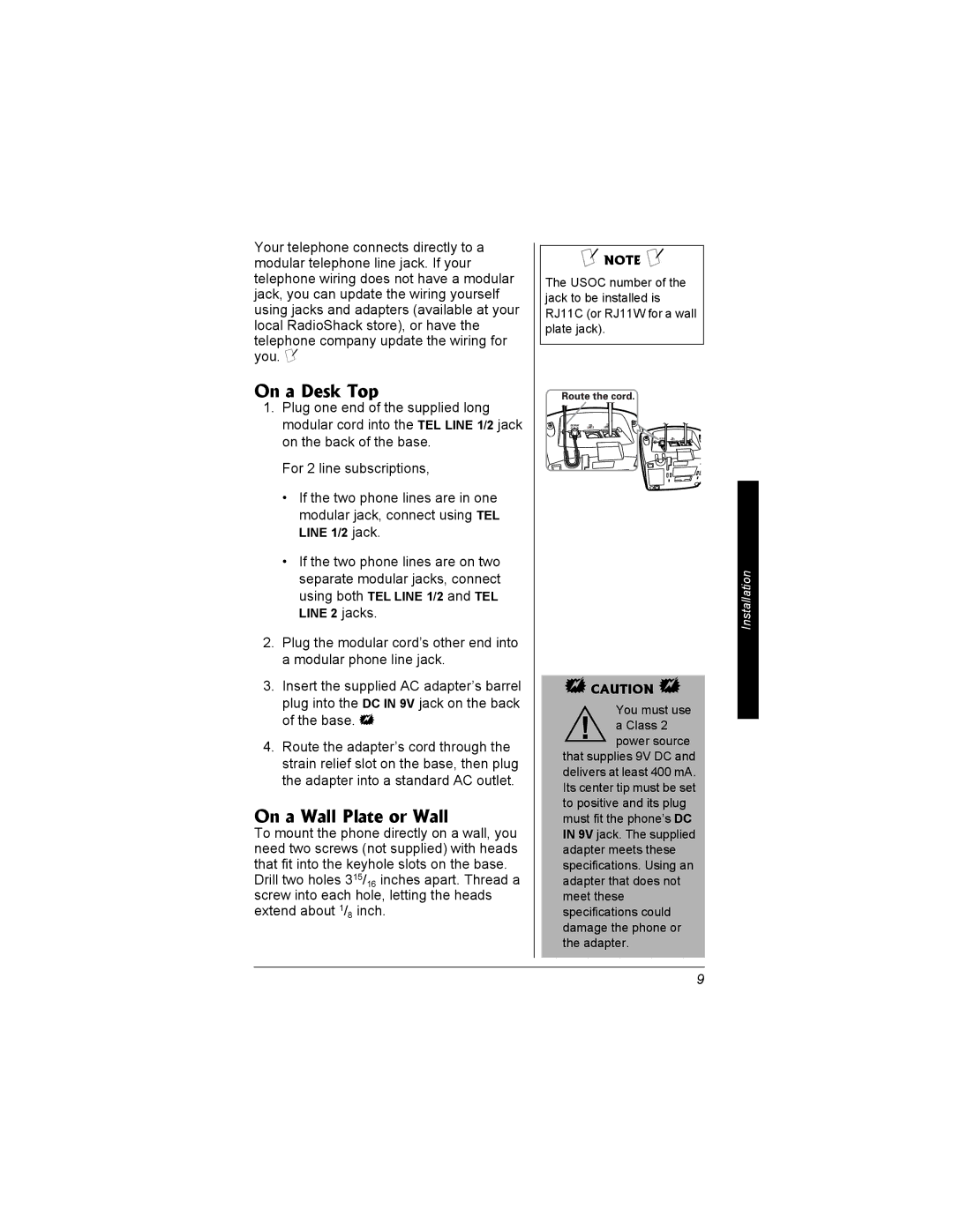 Radio Shack 43-3704 owner manual On a Desk Top, On a Wall Plate or Wall 