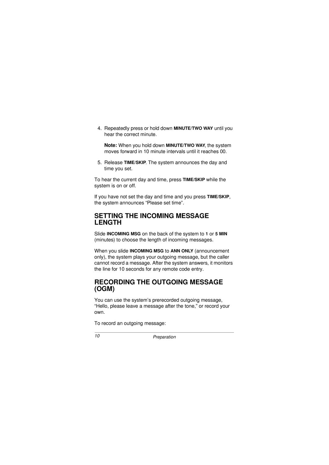 Radio Shack 43-3801 owner manual Setting the Incoming Message Length, Recording the Outgoing Message OGM 