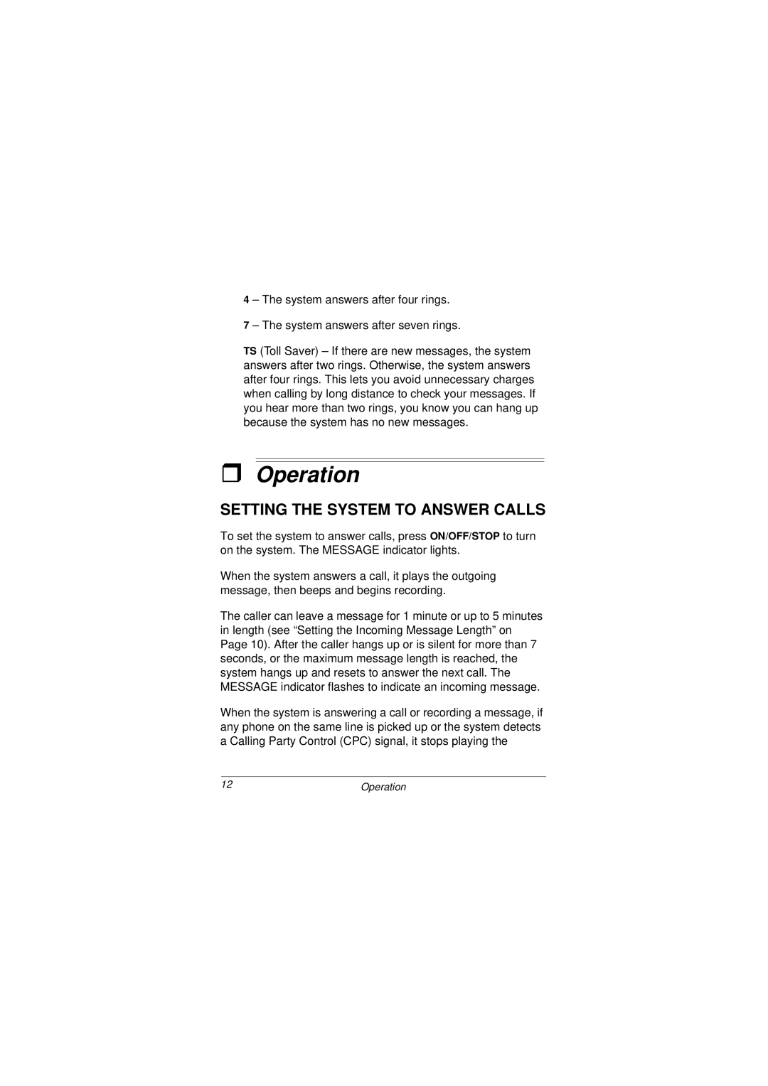 Radio Shack 43-3801 owner manual Operation, Setting the System to Answer Calls 