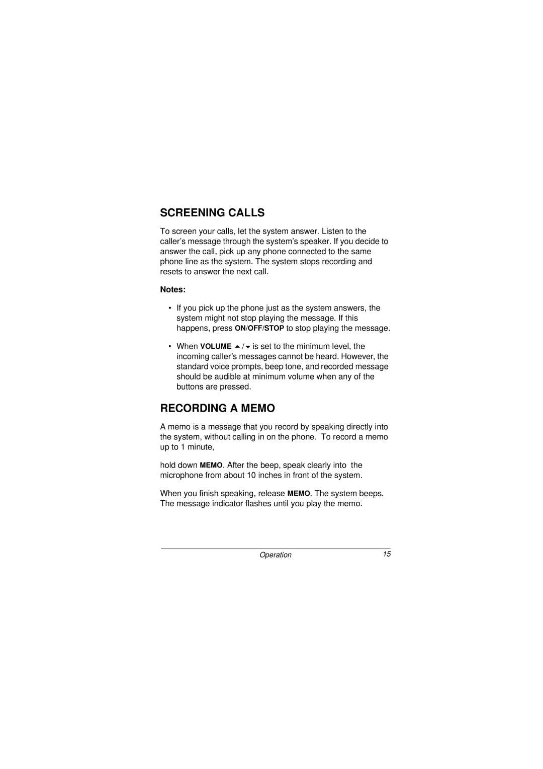 Radio Shack 43-3801 owner manual Screening Calls, Recording a Memo 