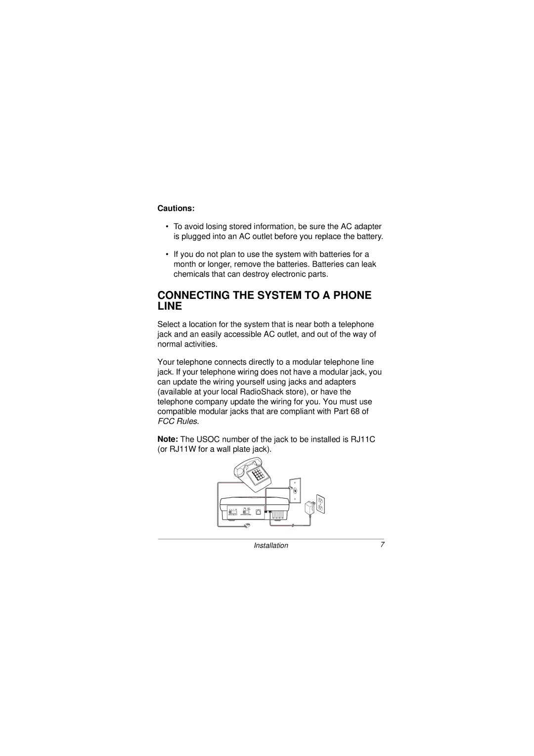 Radio Shack 43-3801 owner manual Connecting the System to a Phone Line 