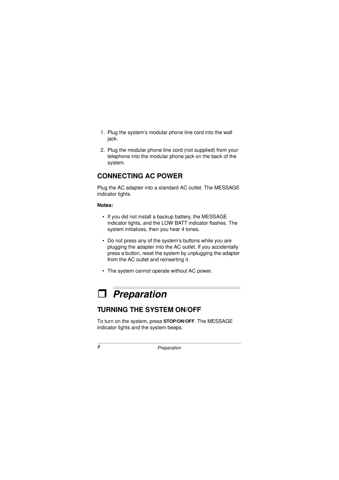 Radio Shack 43-3801 owner manual Preparation, Connecting AC Power, Turning the System ON/OFF 