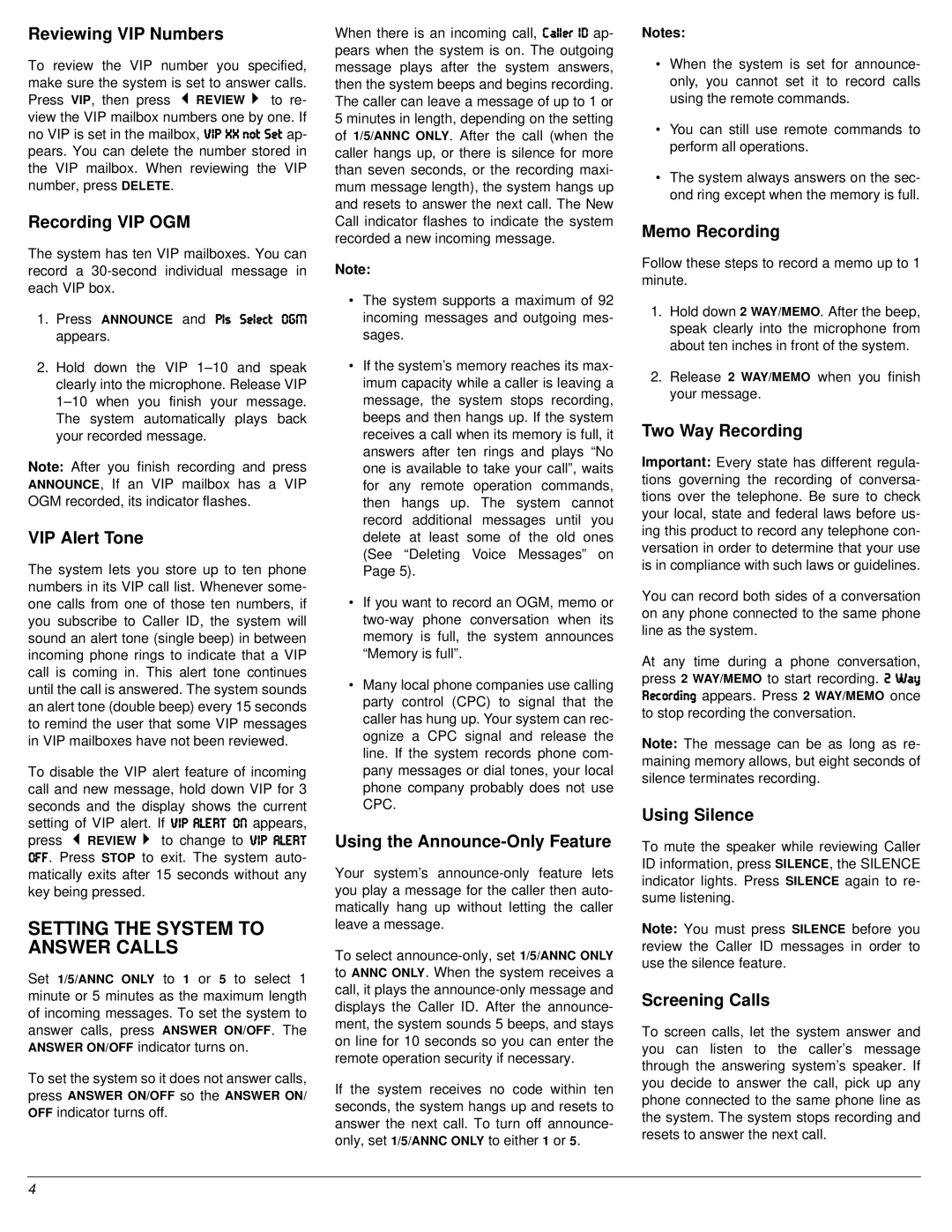 Radio Shack 43-3803 owner manual Setting the System to Answer Calls 