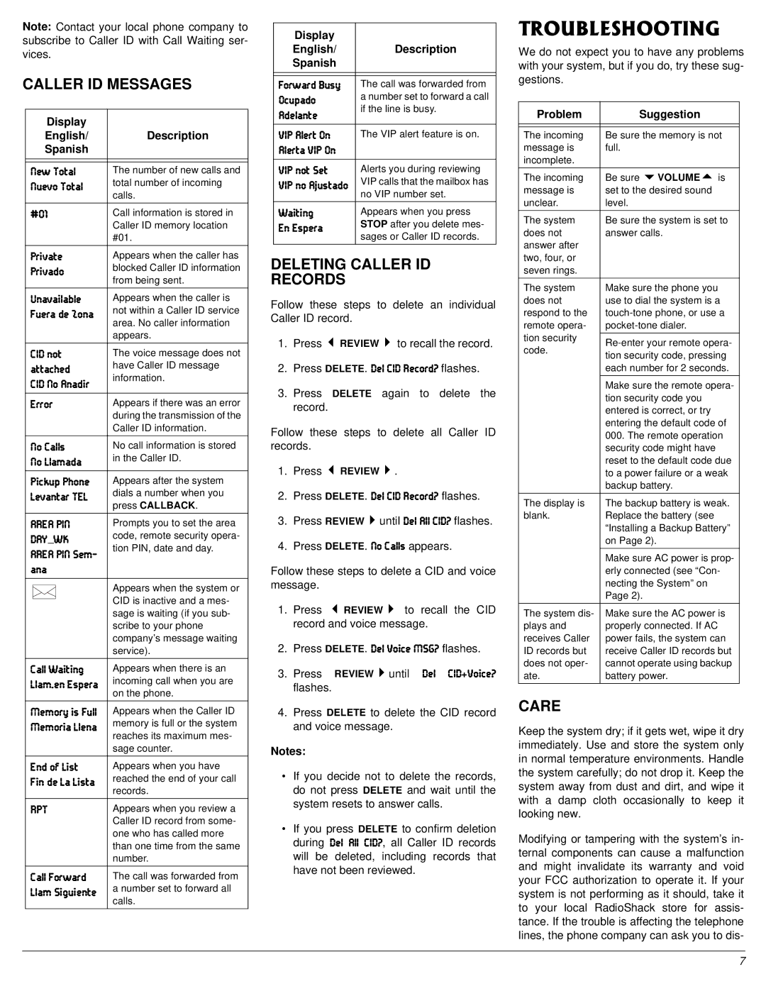 Radio Shack 43-3803 owner manual 6417$.5*116+0, Caller ID Messages, Deleting Caller ID Records, Care 