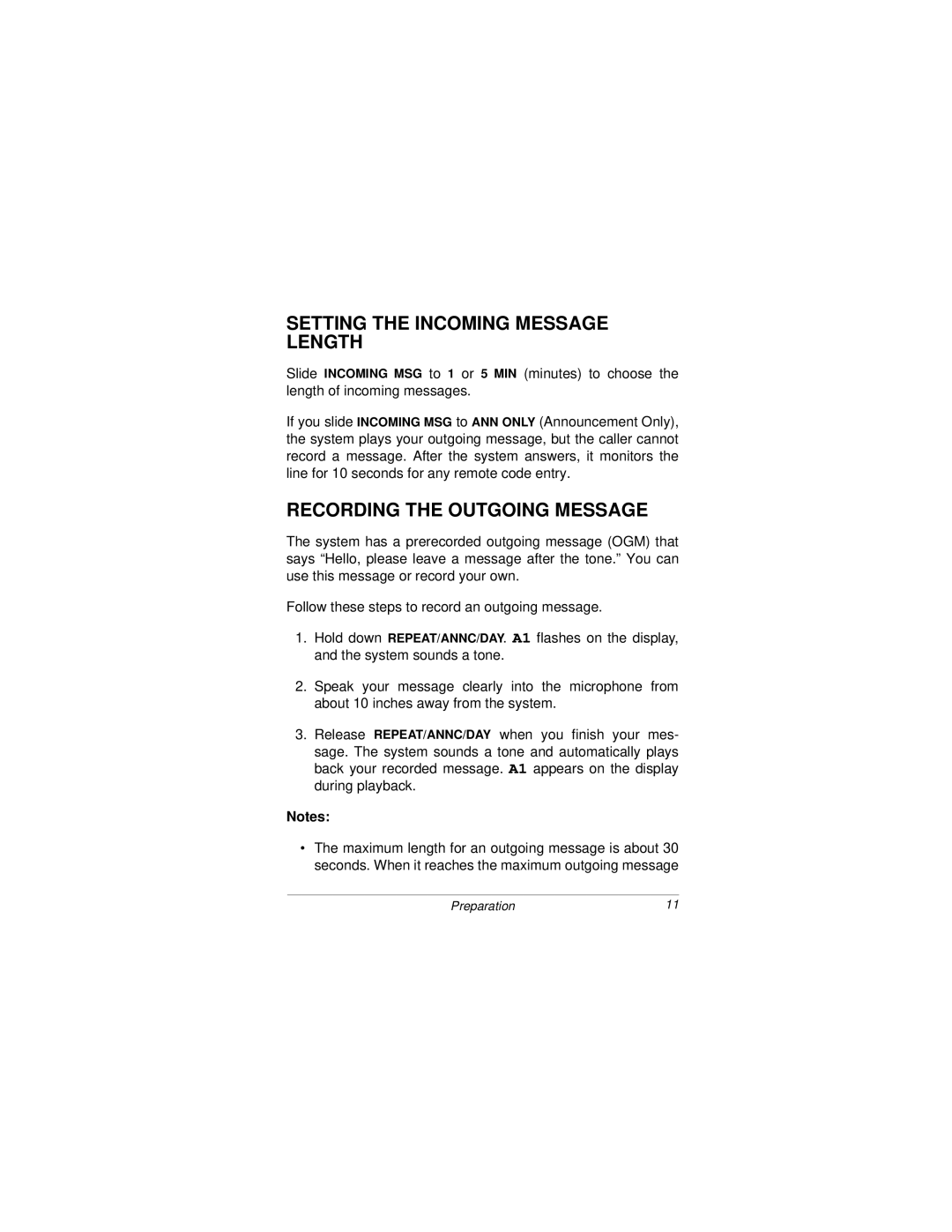 Radio Shack 43-3808 owner manual Setting the Incoming Message Length, Recording the Outgoing Message 