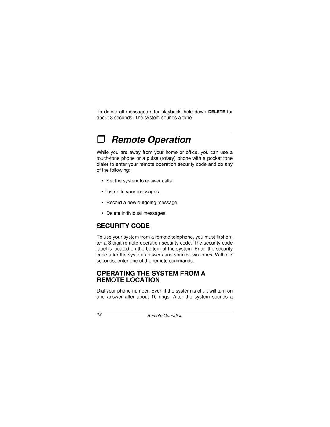 Radio Shack 43-3808 owner manual Remote Operation, Security Code, Operating the System from a Remote Location 