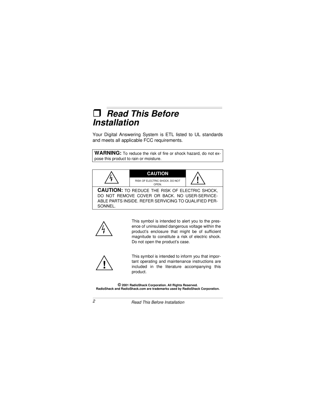 Radio Shack 43-3808 owner manual Read This Before Installation 