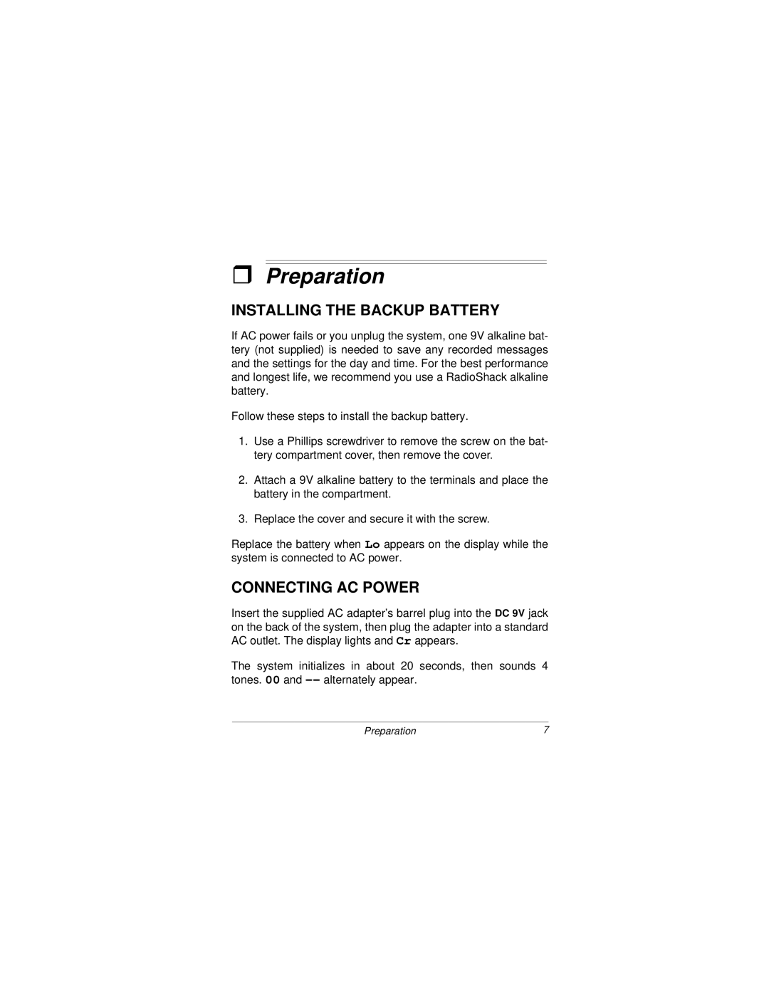 Radio Shack 43-3808 owner manual Preparation, Installing the Backup Battery, Connecting AC Power 