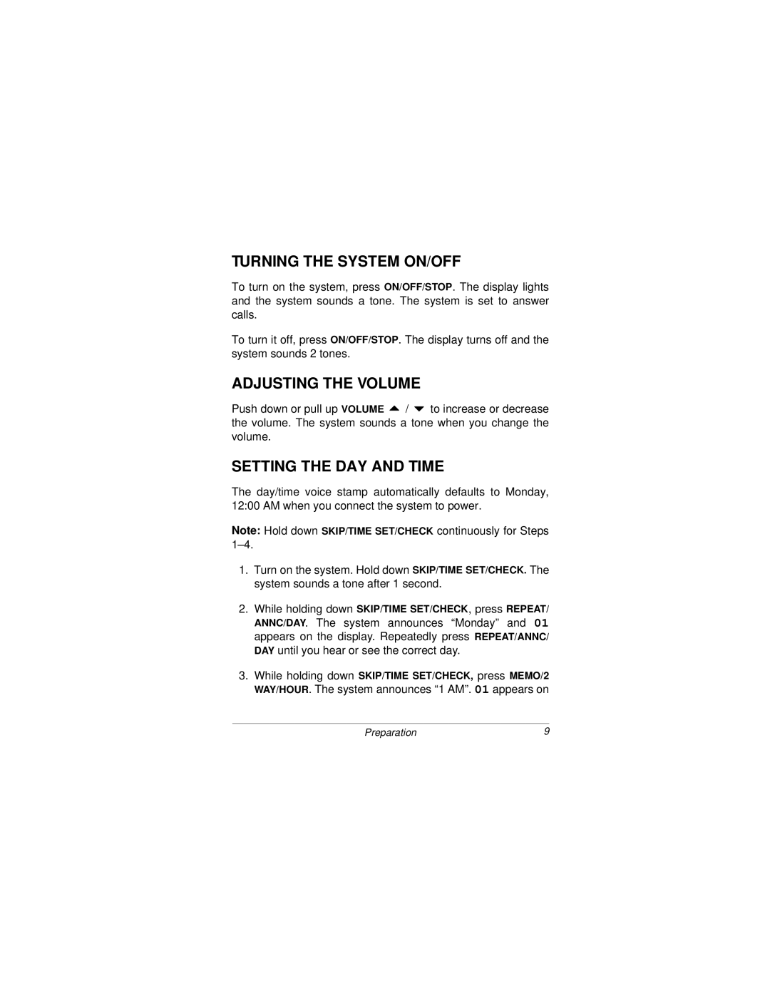 Radio Shack 43-3808 owner manual Turning the System ON/OFF, Adjusting the Volume, Setting the DAY and Time 