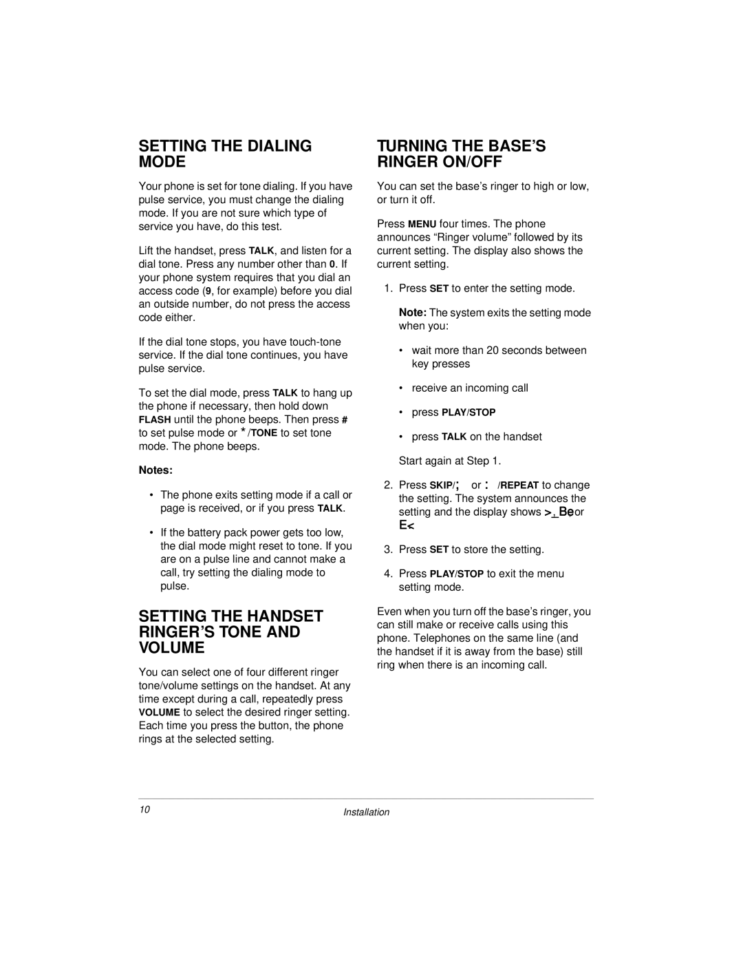 Radio Shack 43-3813, 43-3812 owner manual Setting the Dialing Mode, Setting the Handset RINGER’S Tone and Volume 