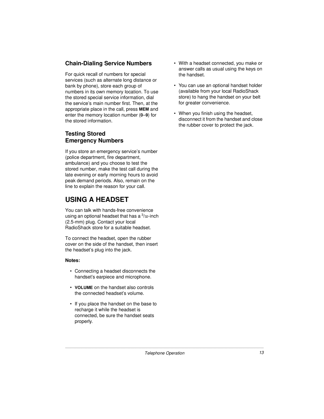 Radio Shack 43-3812, 43-3813 owner manual Using a Headset, Chain-Dialing Service Numbers, Testing Stored Emergency Numbers 