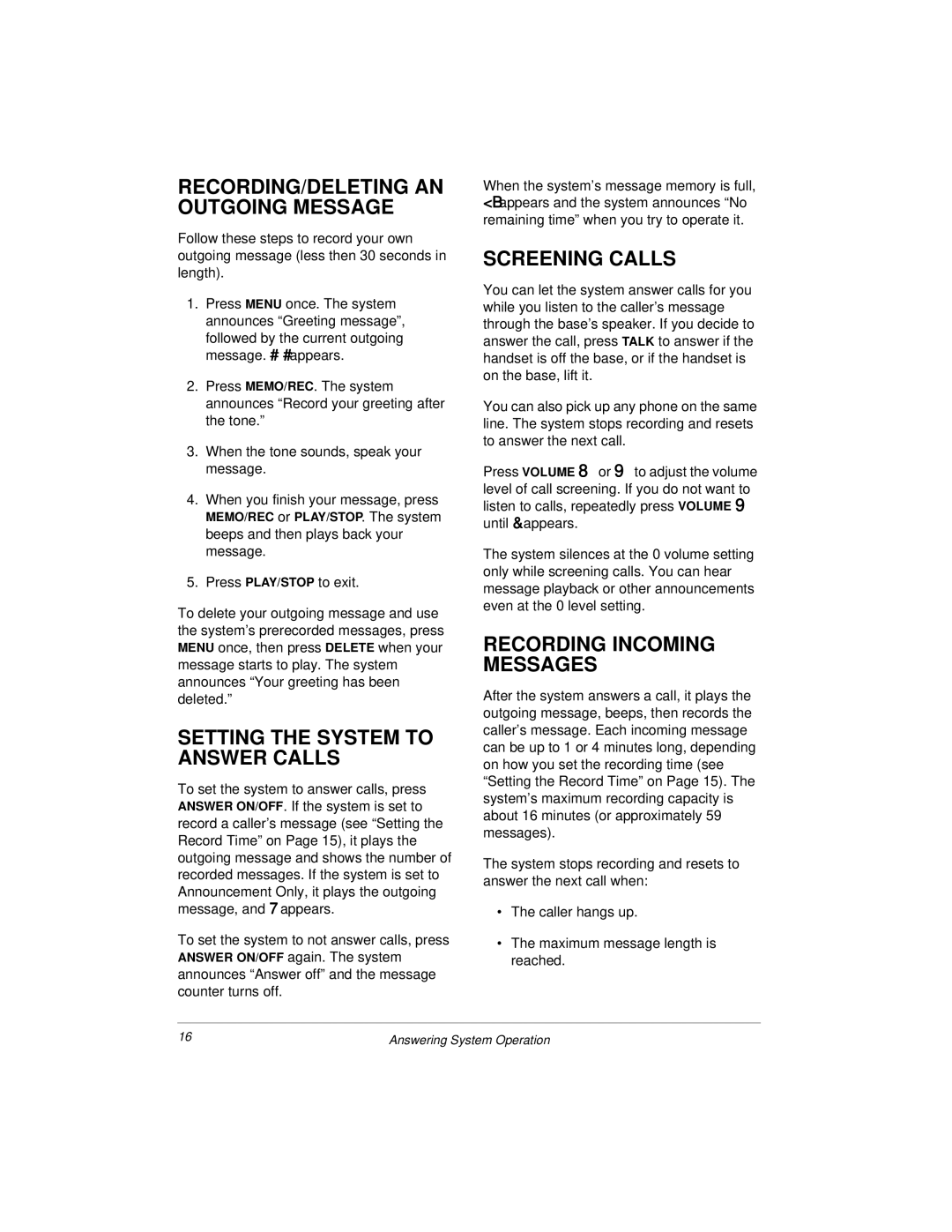 Radio Shack 43-3813, 43-3812 RECORDING/DELETING AN Outgoing Message, Setting the System to Answer Calls, Screening Calls 