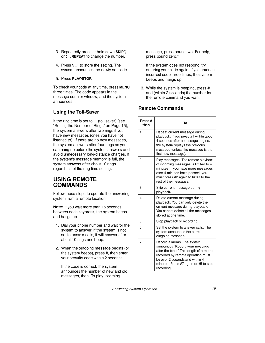 Radio Shack 43-3812, 43-3813 owner manual Using Remote Commands, Using the Toll-Saver 