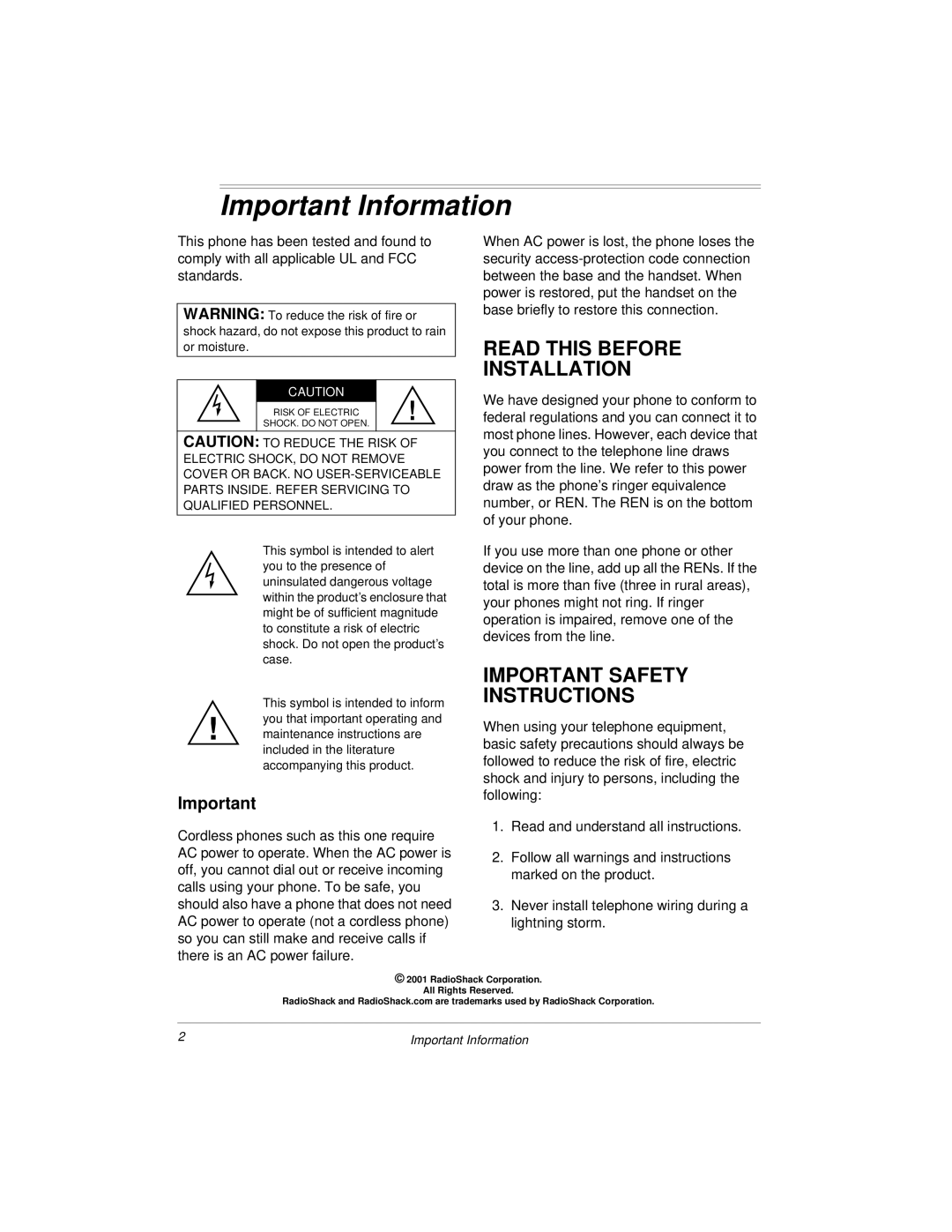 Radio Shack 43-3813, 43-3812 Important Information, Read this Before Installation, Important Safety Instructions 