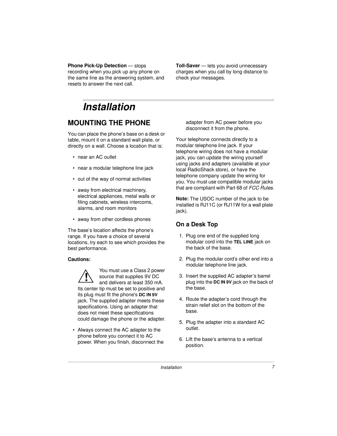 Radio Shack 43-3812, 43-3813 owner manual Installation, Mounting the Phone, On a Desk Top 