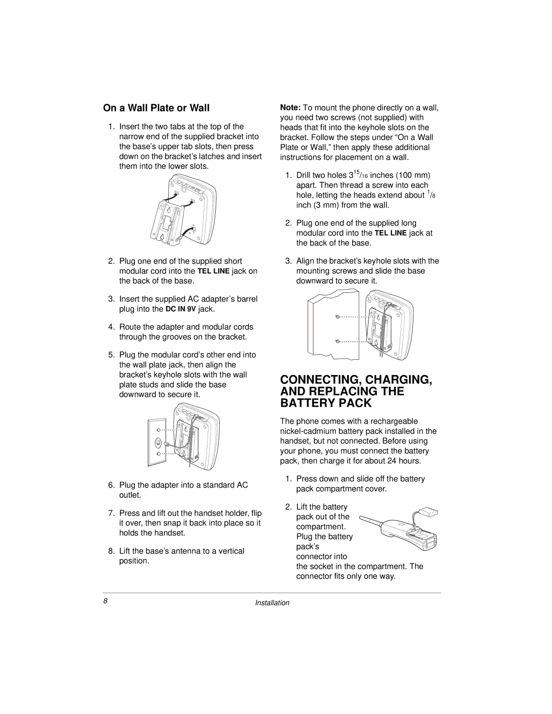 Radio Shack 43-3813, 43-3812 owner manual CONNECTING, CHARGING, and Replacing the Battery Pack, On a Wall Plate or Wall 