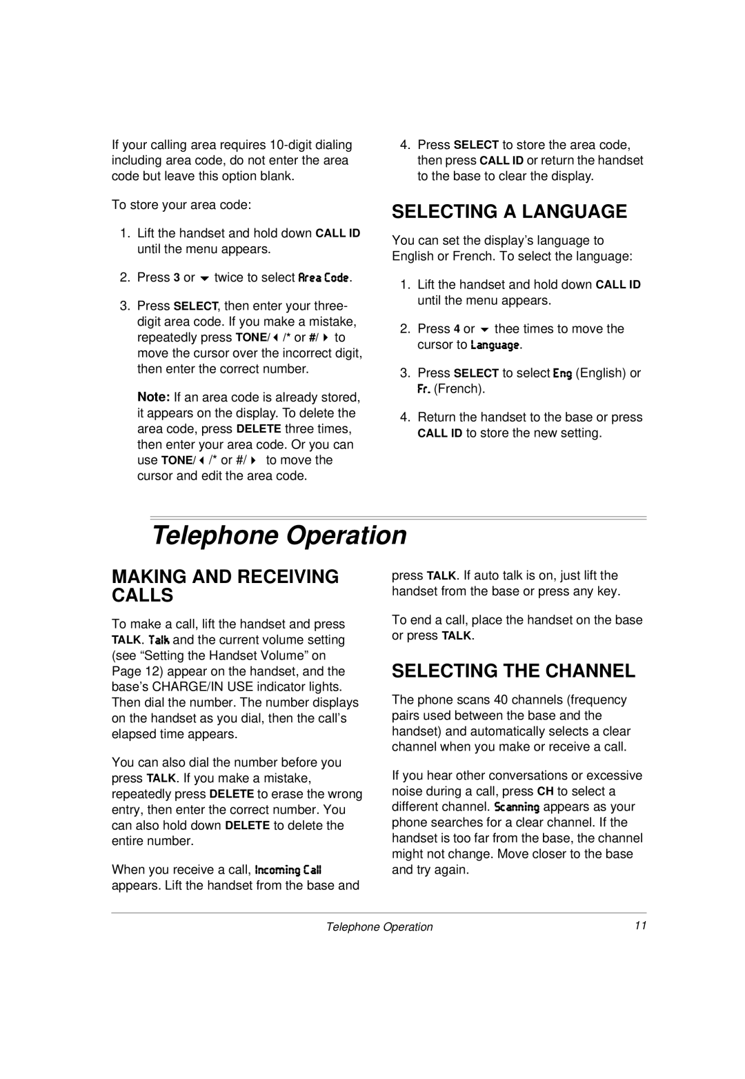 Radio Shack 43-3814 Telephone Operation, Selecting a Language, Making and Receiving Calls, Selecting the Channel 