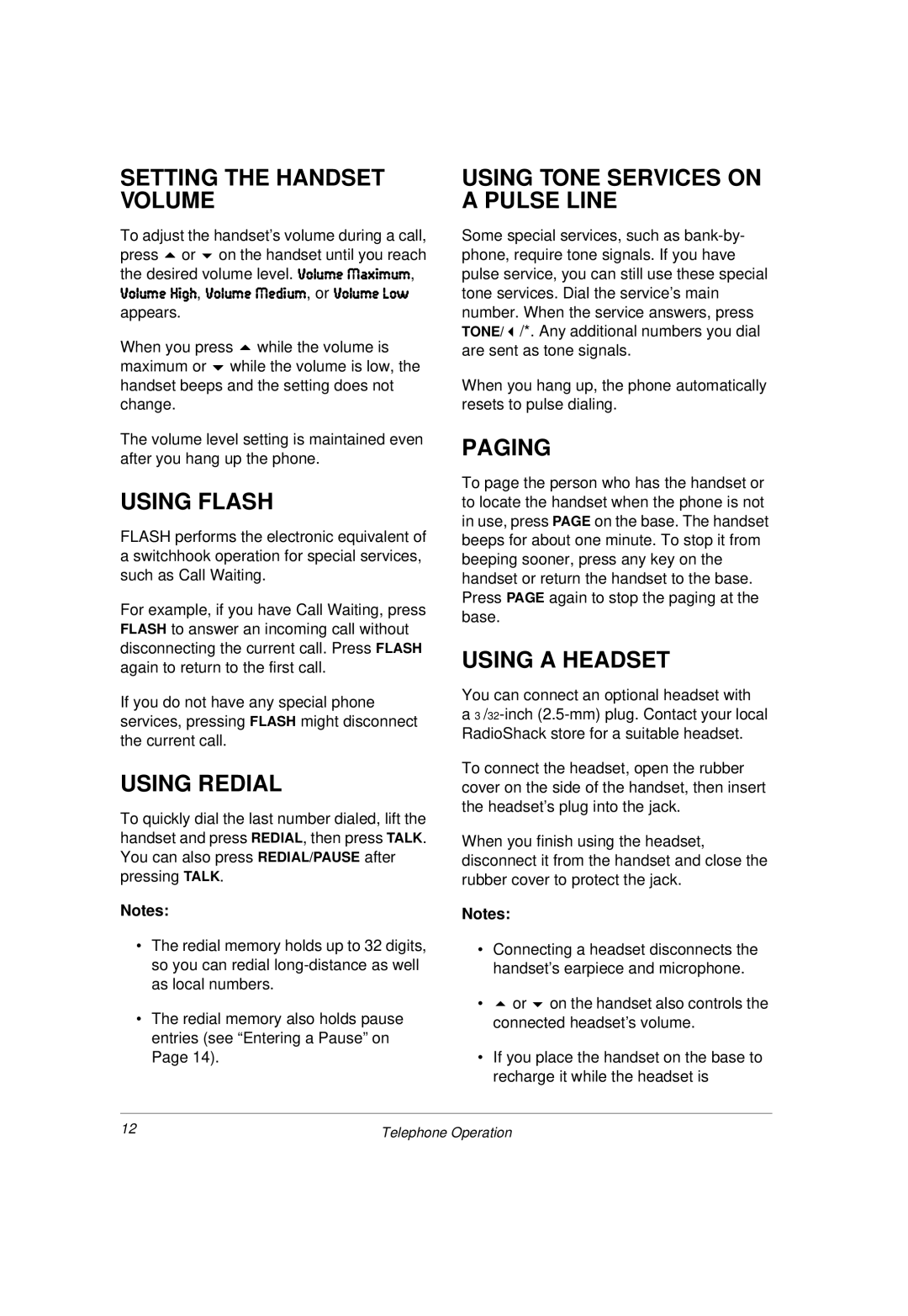 Radio Shack 43-3814 Setting the Handset Volume, Using Flash, Using Redial, Using Tone Services on a Pulse Line, Paging 