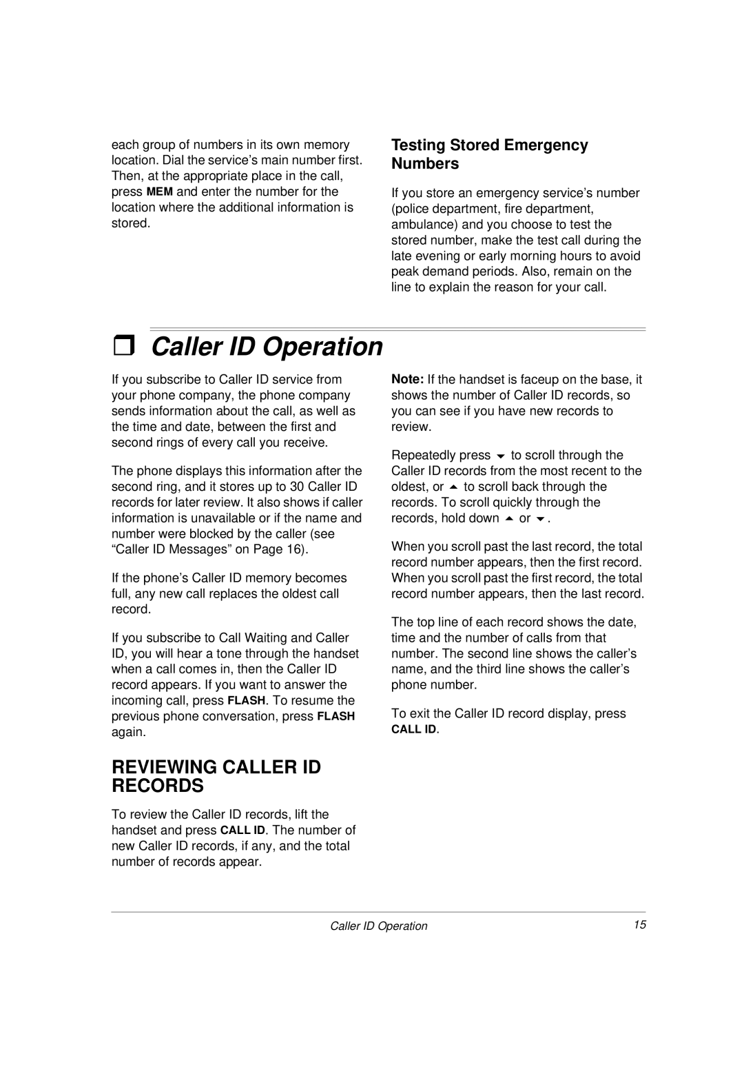 Radio Shack 43-3814 owner manual Caller ID Operation, Reviewing Caller ID Records, Testing Stored Emergency Numbers 