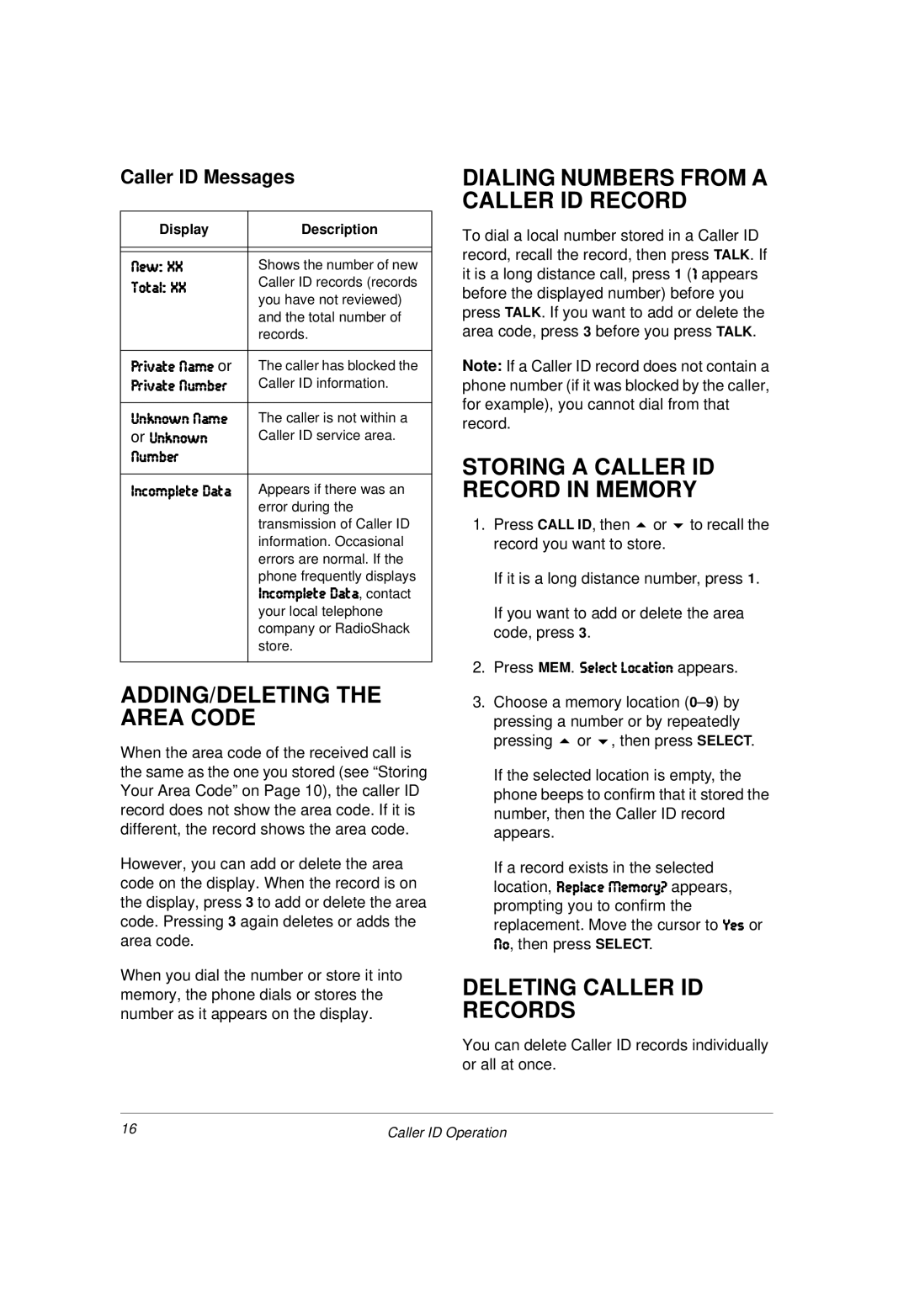 Radio Shack 43-3814 ADDING/DELETING the Area Code, Dialing Numbers from a Caller ID Record, Deleting Caller ID Records 