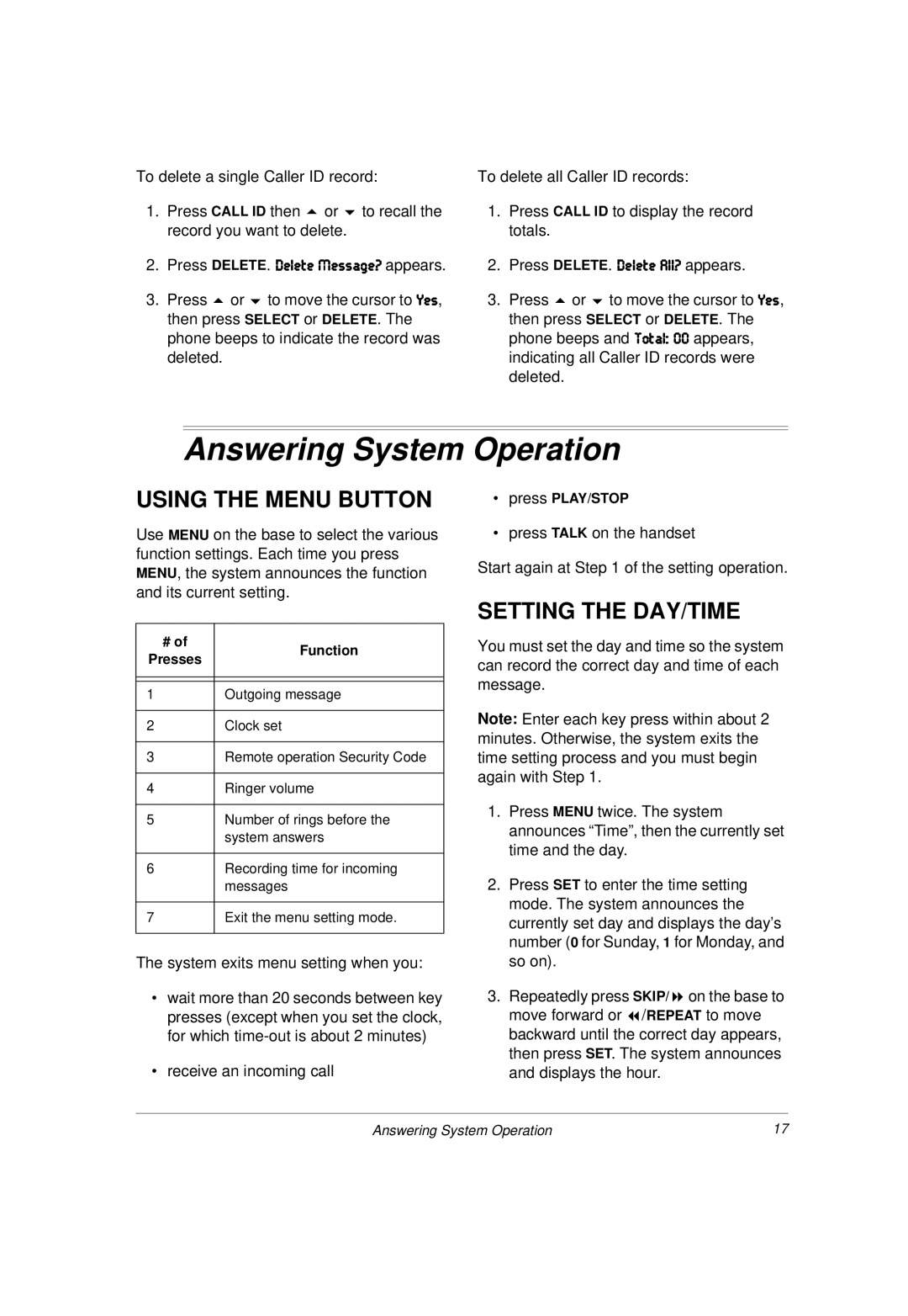 Radio Shack 43-3814 owner manual Answering System Operation, Using the Menu Button, Setting the DAY/TIME 