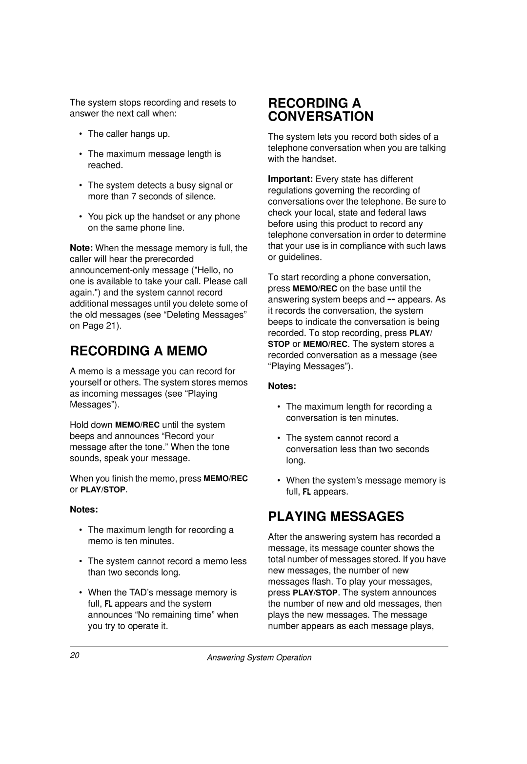 Radio Shack 43-3814 owner manual Recording a Memo, Recording a Conversation, Playing Messages 