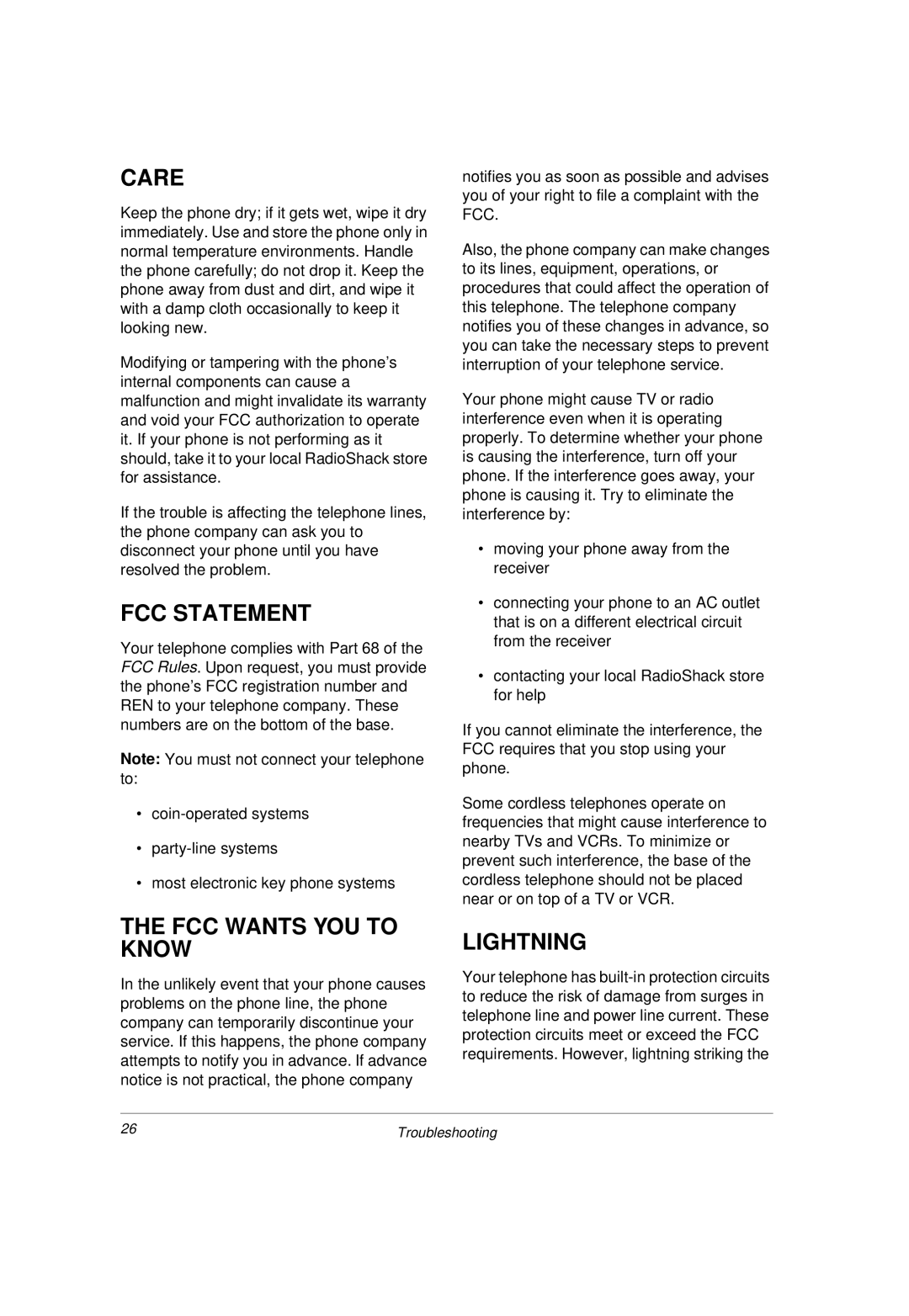 Radio Shack 43-3814 owner manual Care, FCC Statement, FCC Wants YOU to Know, Lightning 