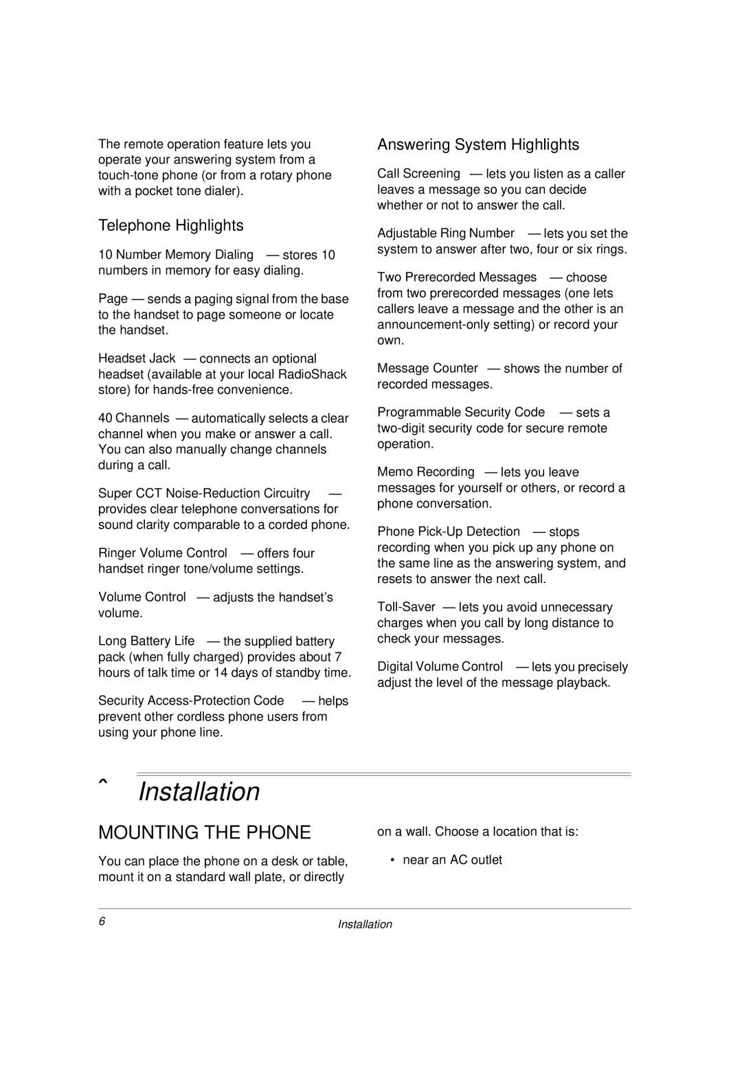 Radio Shack 43-3814 owner manual Installation, Mounting the Phone, Telephone Highlights, Answering System Highlights 