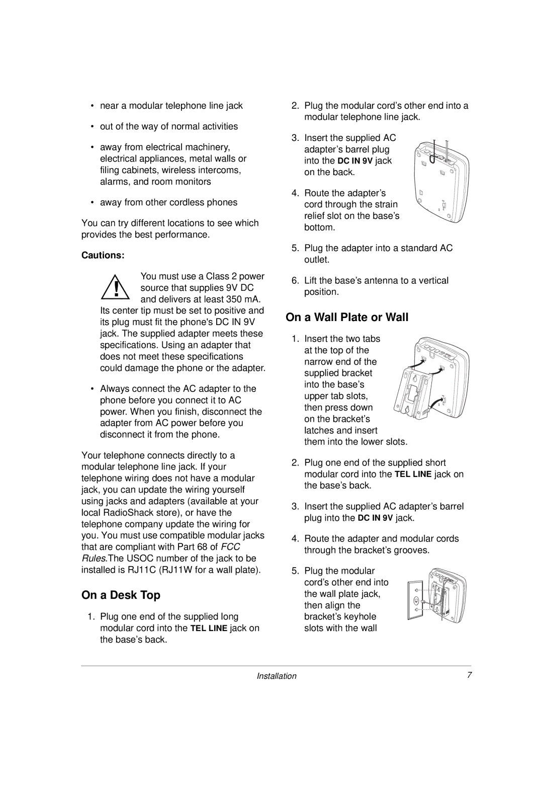 Radio Shack 43-3814 owner manual On a Desk Top, On a Wall Plate or Wall 