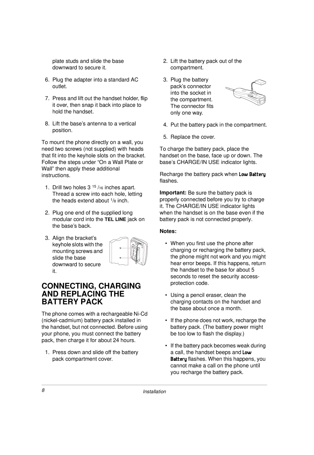 Radio Shack 43-3814 owner manual CONNECTING, Charging and Replacing the Battery Pack 