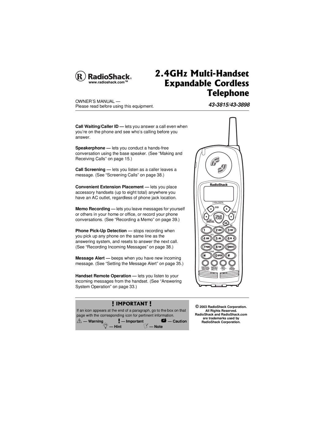 Radio Shack 43-3815/43-3898 owner manual 4GHz Multi-Handset Telephone 