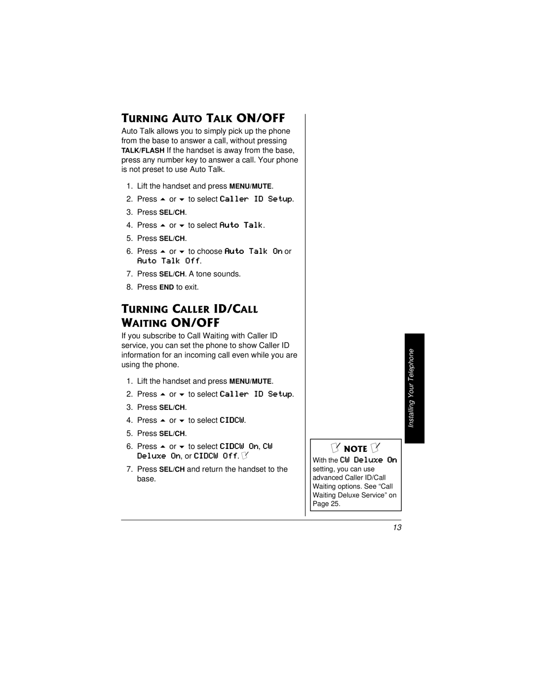 Radio Shack 43-3815/43-3898 owner manual Turning Auto Talk ON/OFF, Turning Caller ID/CALL 