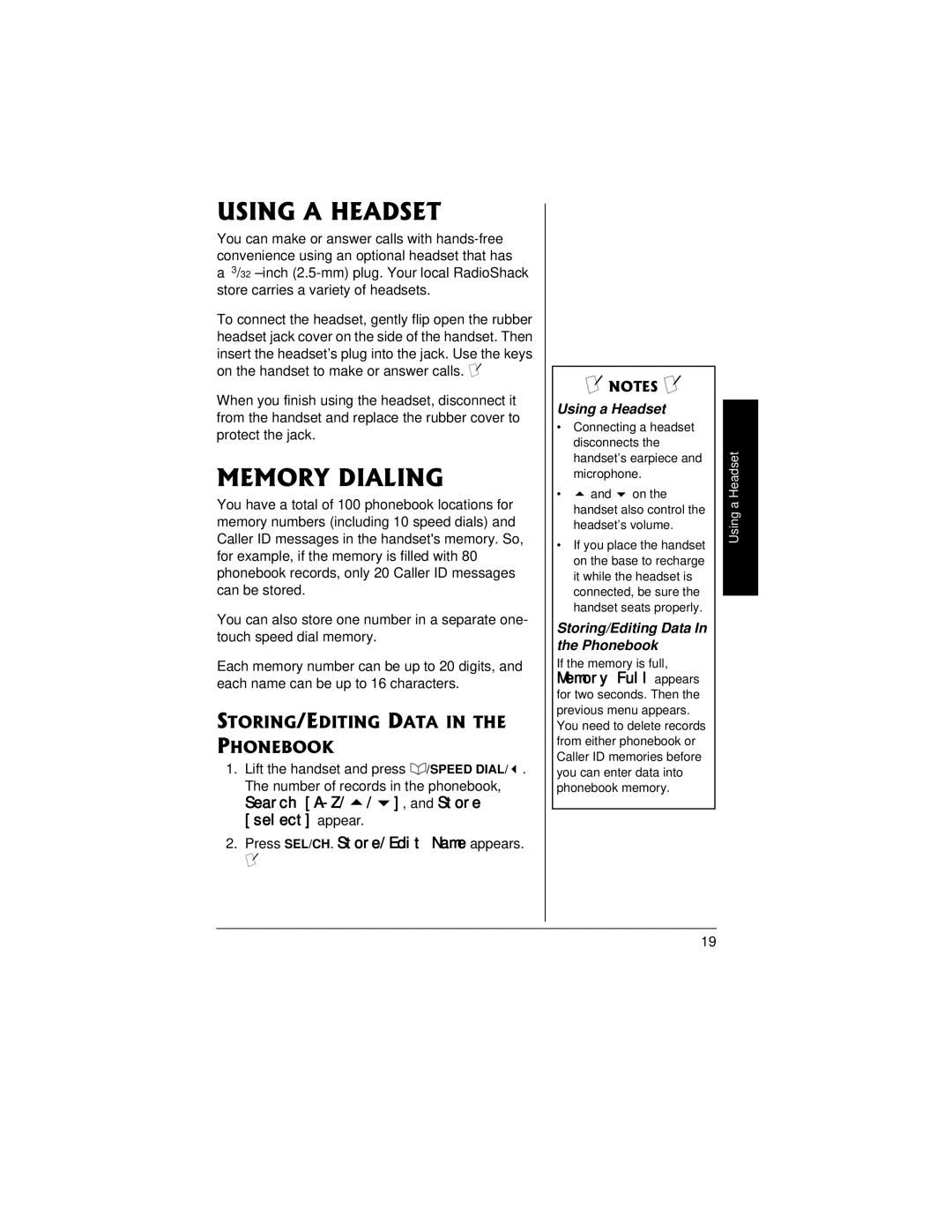 Radio Shack 43-3815/43-3898 owner manual Using a Headset, Memory Dialing, STORING/EDITING Data in the Phonebook 