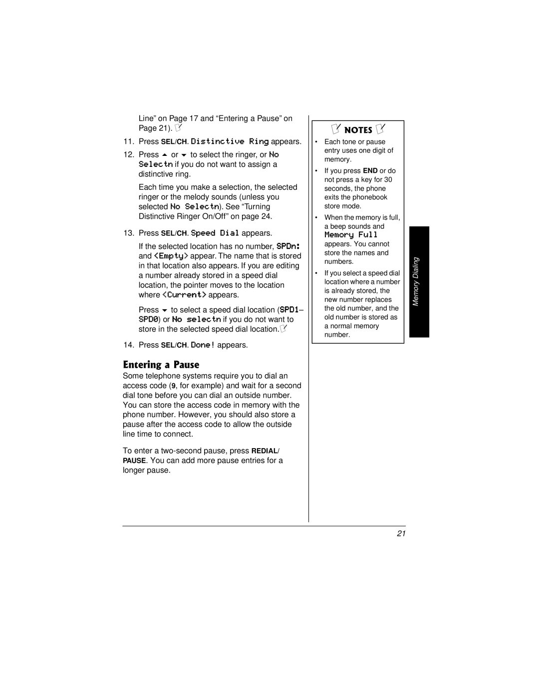 Radio Shack 43-3815/43-3898 owner manual Entering a Pause, Press SEL/CH. Distinctive Ring appears, Memory Full 