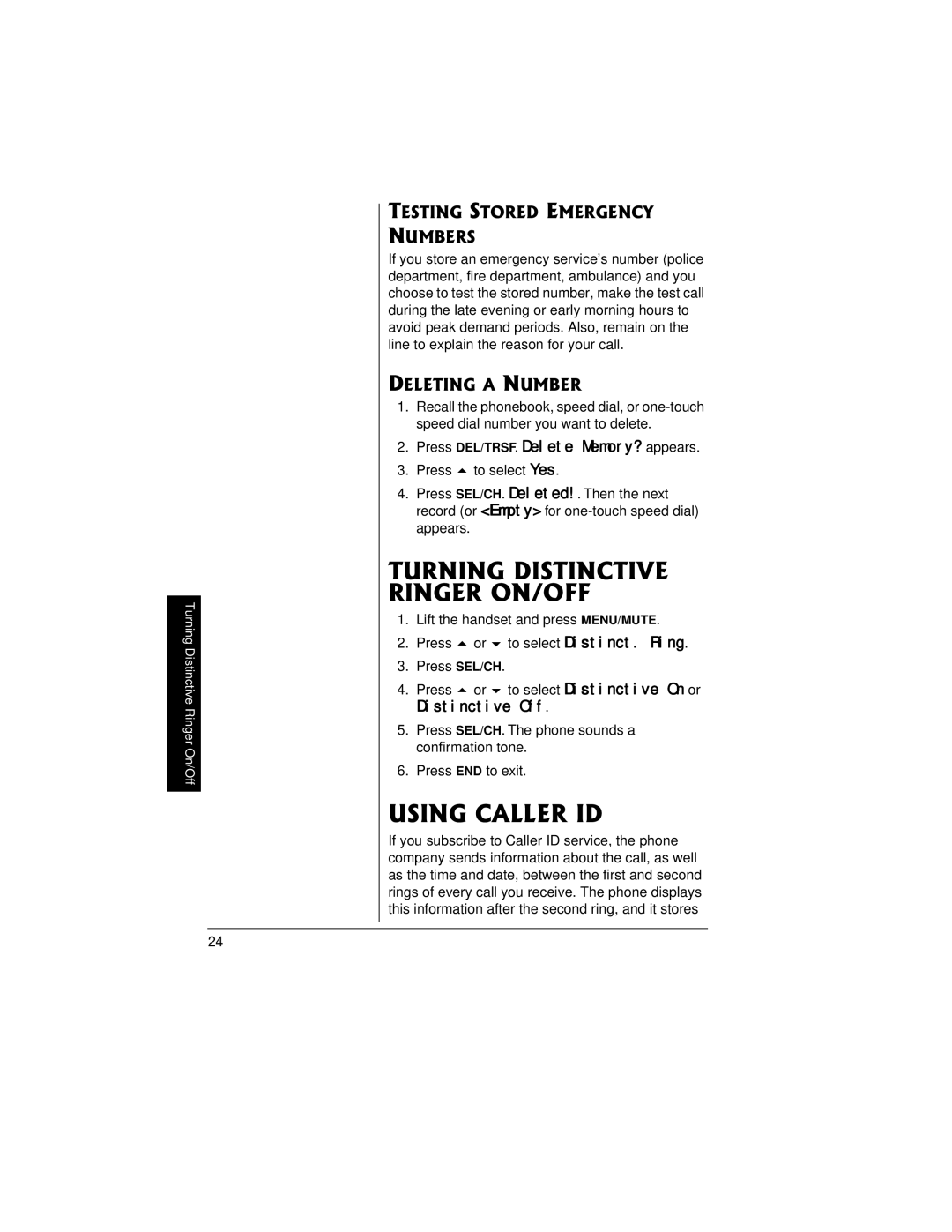 Radio Shack 43-3815/43-3898 Turning Distinctive Ringer ON/OFF, Using Caller ID, Testing Stored Emergency Numbers 