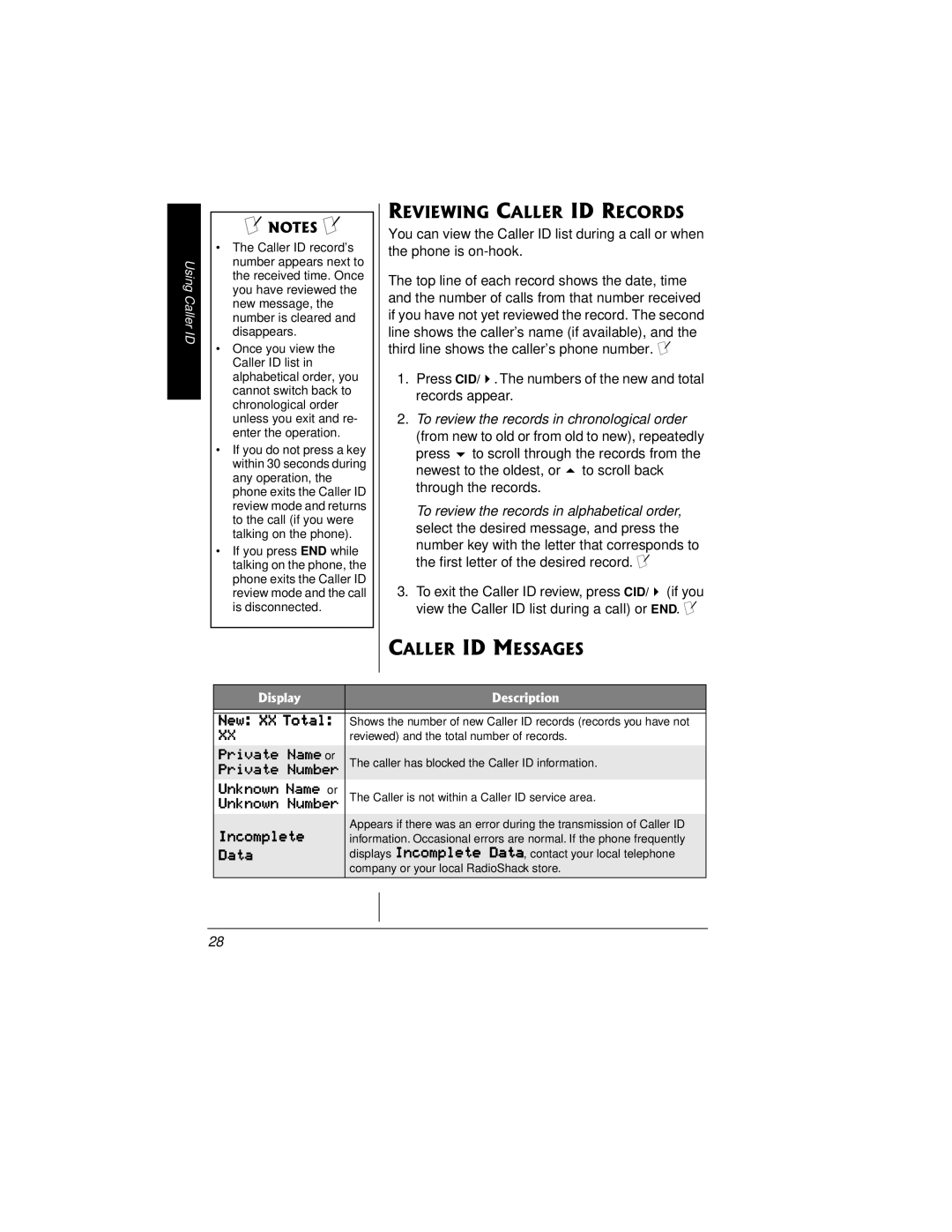 Radio Shack 43-3815/43-3898 owner manual Reviewing Caller ID Records, Caller ID Messages 