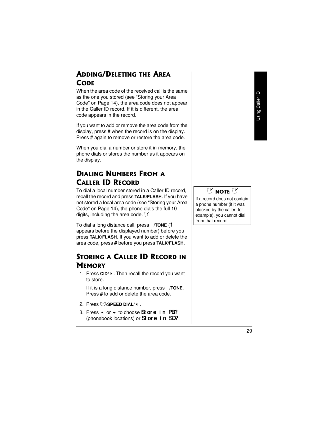 Radio Shack 43-3815/43-3898 owner manual ADDING/DELETING the Area Code, Dialing Numbers from a Caller ID Record 