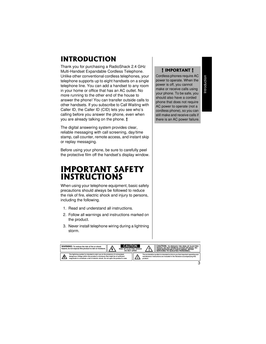 Radio Shack 43-3815/43-3898 owner manual Important Safety Instructions, Introduction 