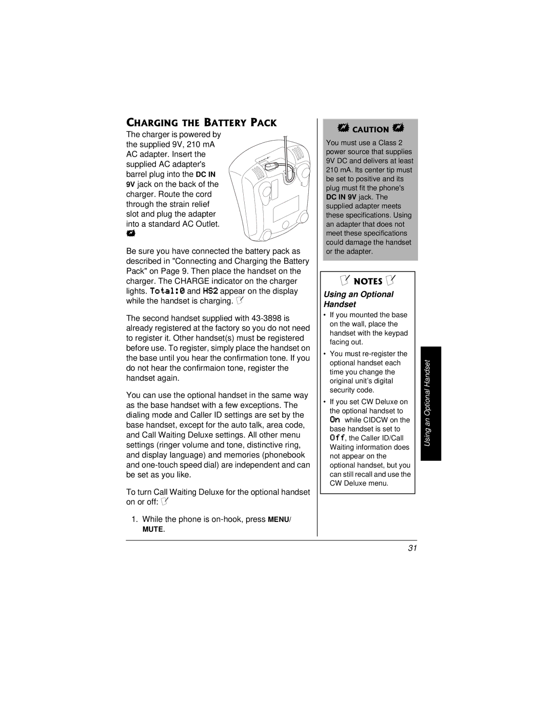 Radio Shack 43-3815/43-3898 owner manual Charging the Battery Pack, Using an Optional Handset 