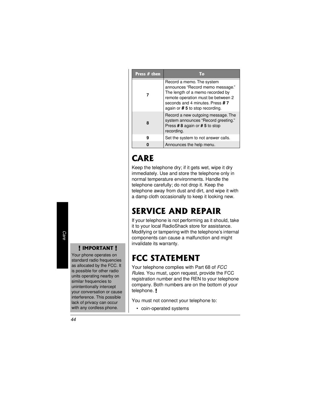 Radio Shack 43-3815/43-3898 owner manual Care, Service and Repair, FCC Statement 