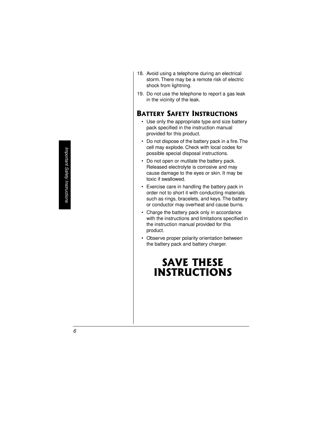 Radio Shack 43-3815/43-3898 owner manual Save These Instructions, Battery Safety Instructions 