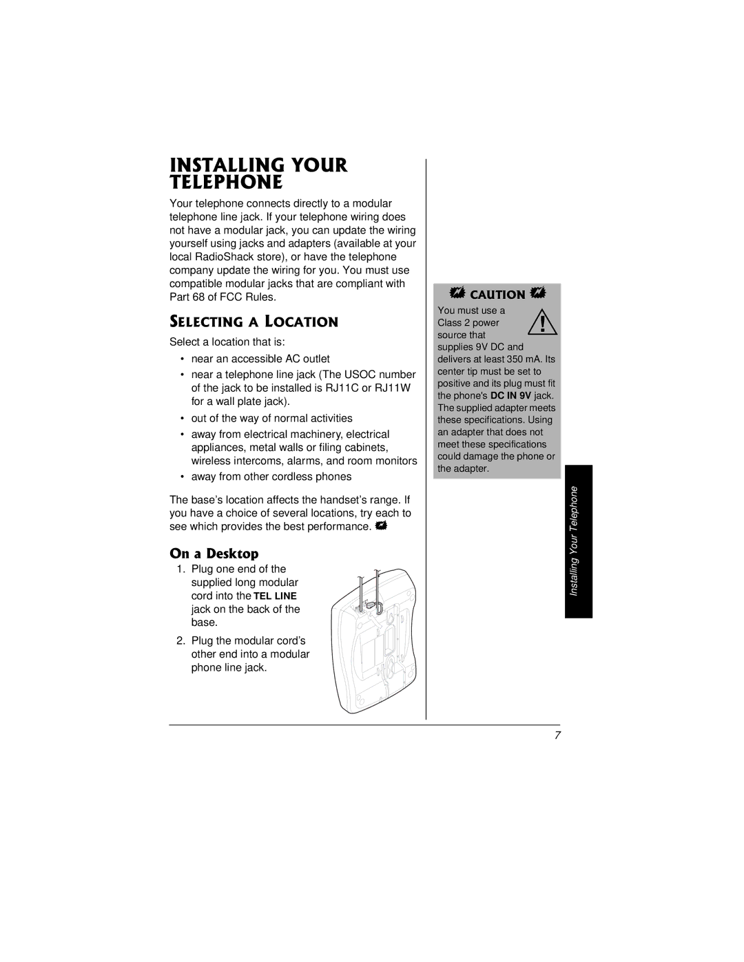 Radio Shack 43-3815/43-3898 owner manual Installing Your Telephone, On a Desktop, Selecting a Location 