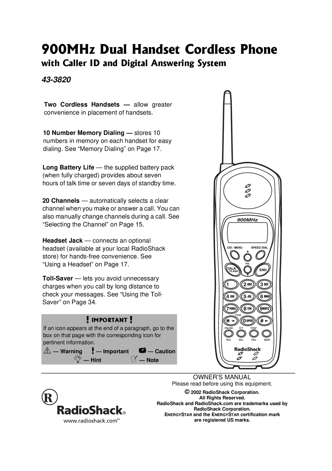 Radio Shack 43-3820 owner manual 22/*\&WCN*CPFUGV%QTFNGUU2JQPG, YKVJ%CNNGT+&CPF&KIKVCN#PUYGTKPI5UVGO 