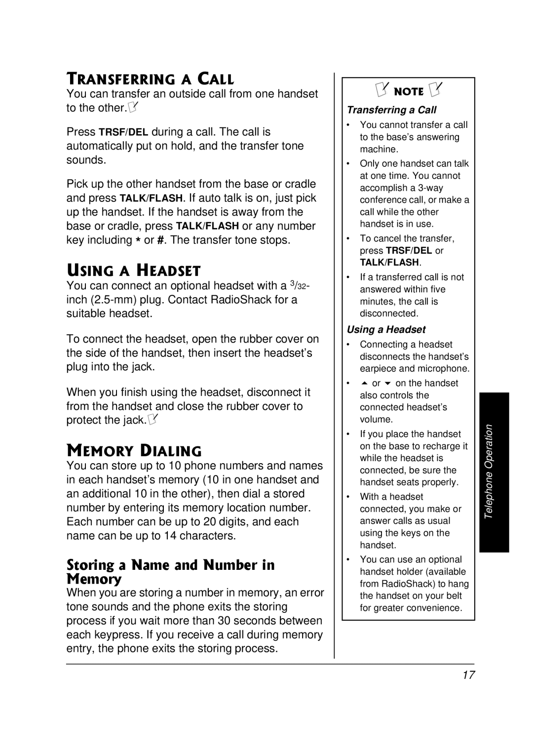 Radio Shack 43-3820 owner manual 64#0544+0#%#, 75+0#*#&56, 14&+#.+0, Transferring a Call, Using a Headset 