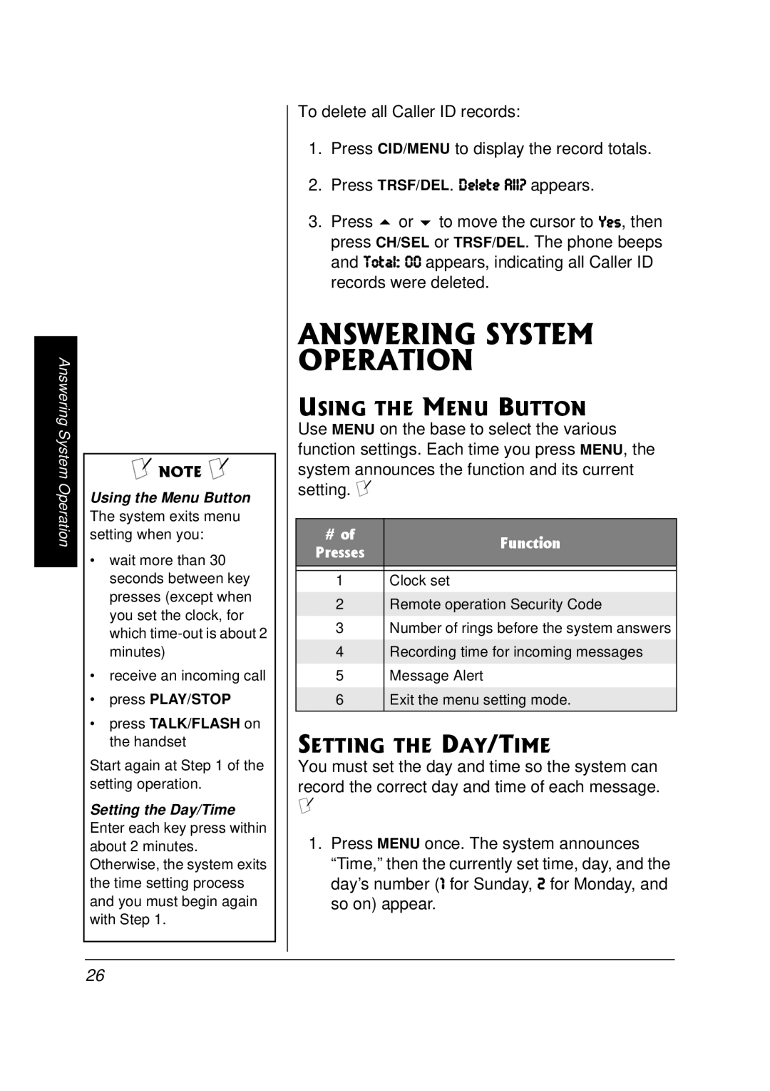 Radio Shack 43-3820 #0594+0556/ 124#6+10, 75+06*/07$76610, 566+06*&#16+, Using the Menu Button, Setting the Day/Time 