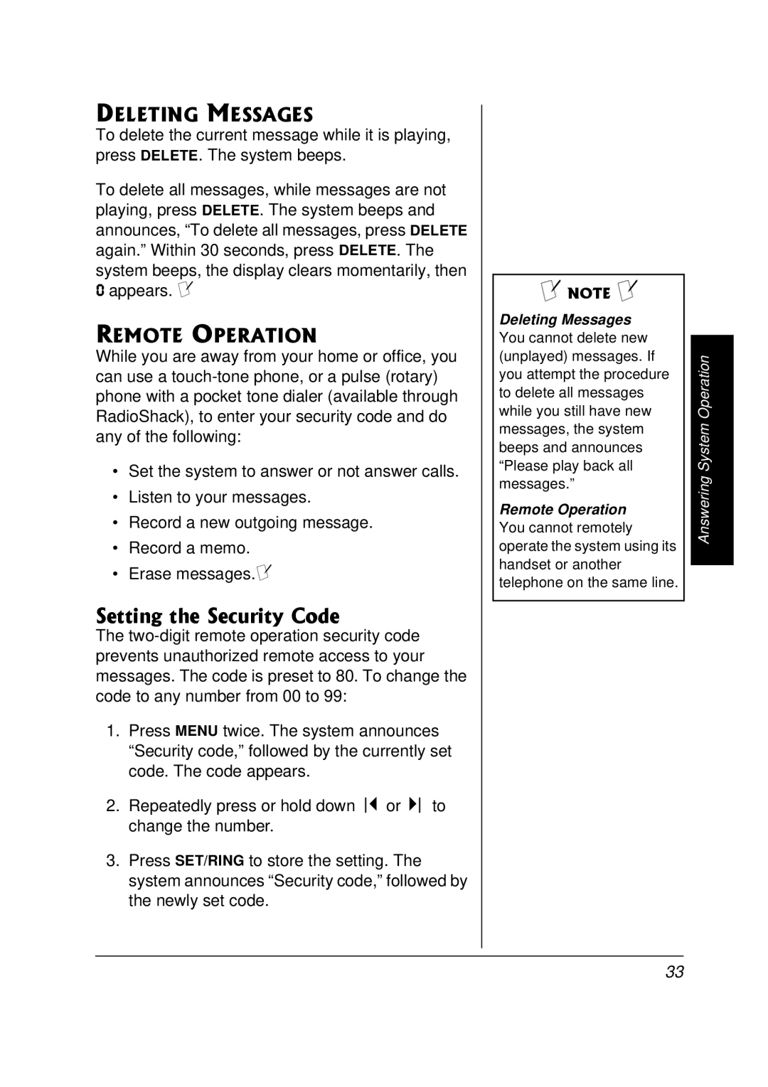 Radio Shack 43-3820 owner manual 5GVVKPIVJG5GEWTKV%QFG, +0/55#5, 16124#6+10, Deleting Messages, Remote Operation 