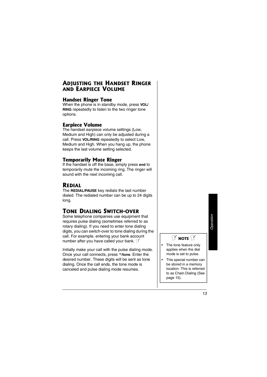 Radio Shack 43-3823 owner manual Handset Ringer Tone, Earpiece Volume, Temporarily Mute Ringer 