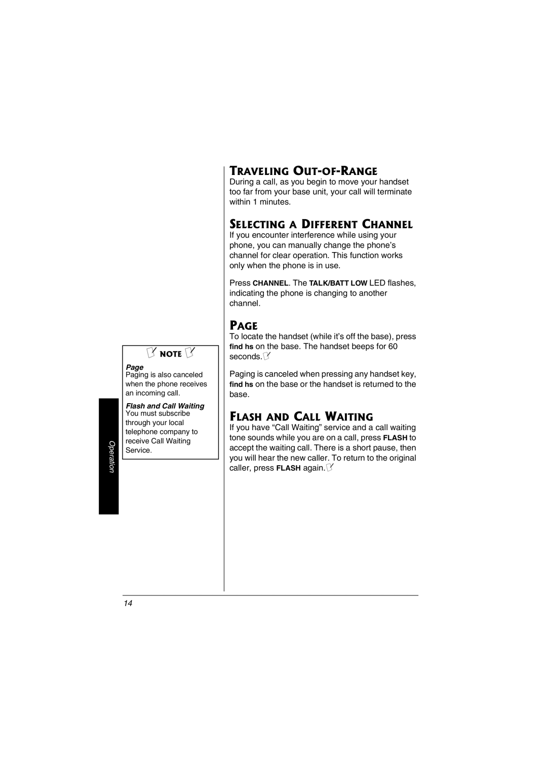 Radio Shack 43-3823 owner manual Traveling OUT-OF-RANGE, Selecting a Different Channel, Flash and Call Waiting 