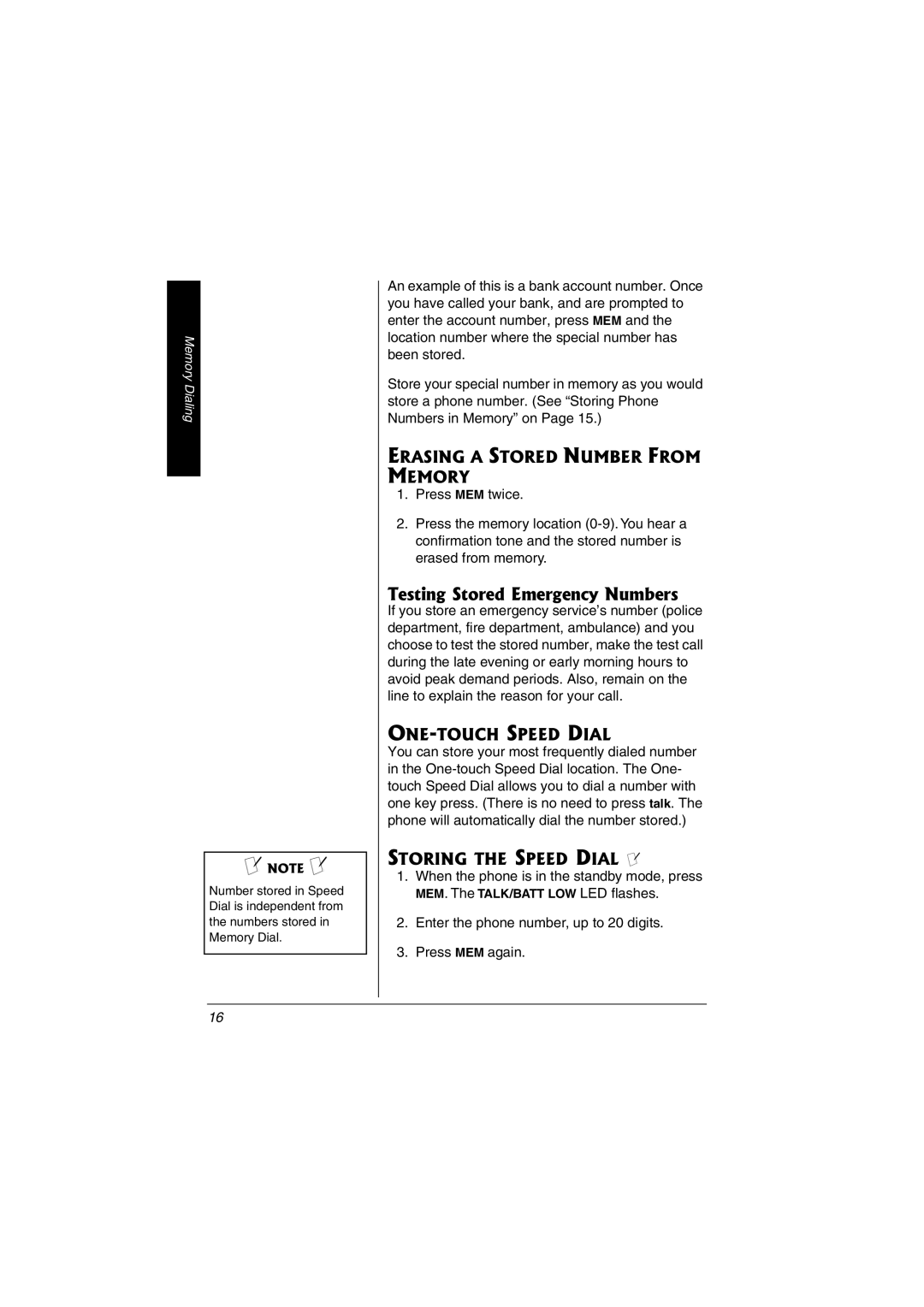 Radio Shack 43-3823 Testing Stored Emergency Numbers, Erasing a Stored Number from Memory, ONE-TOUCH Speed Dial 